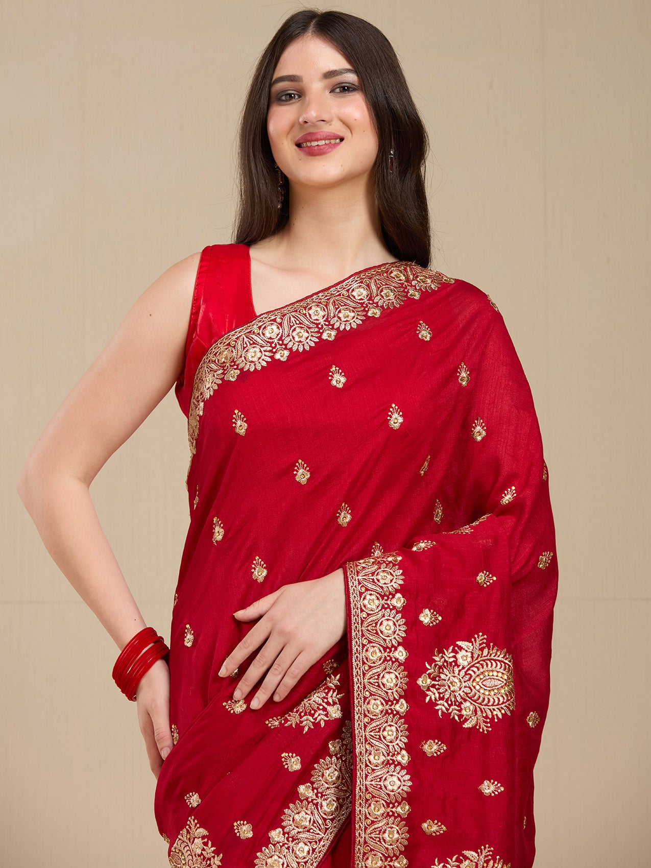 Vervee Couture Red Poly Georgette Saree with Subtle Zari Border | EKA