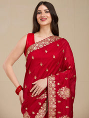 Vervee Couture Red Poly Georgette Saree with Subtle Zari Border | EKA