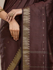 Vervee Couture Dark Maroon Gold Printed Silk Blend Saree with Semi Stitched Blouse | EKA