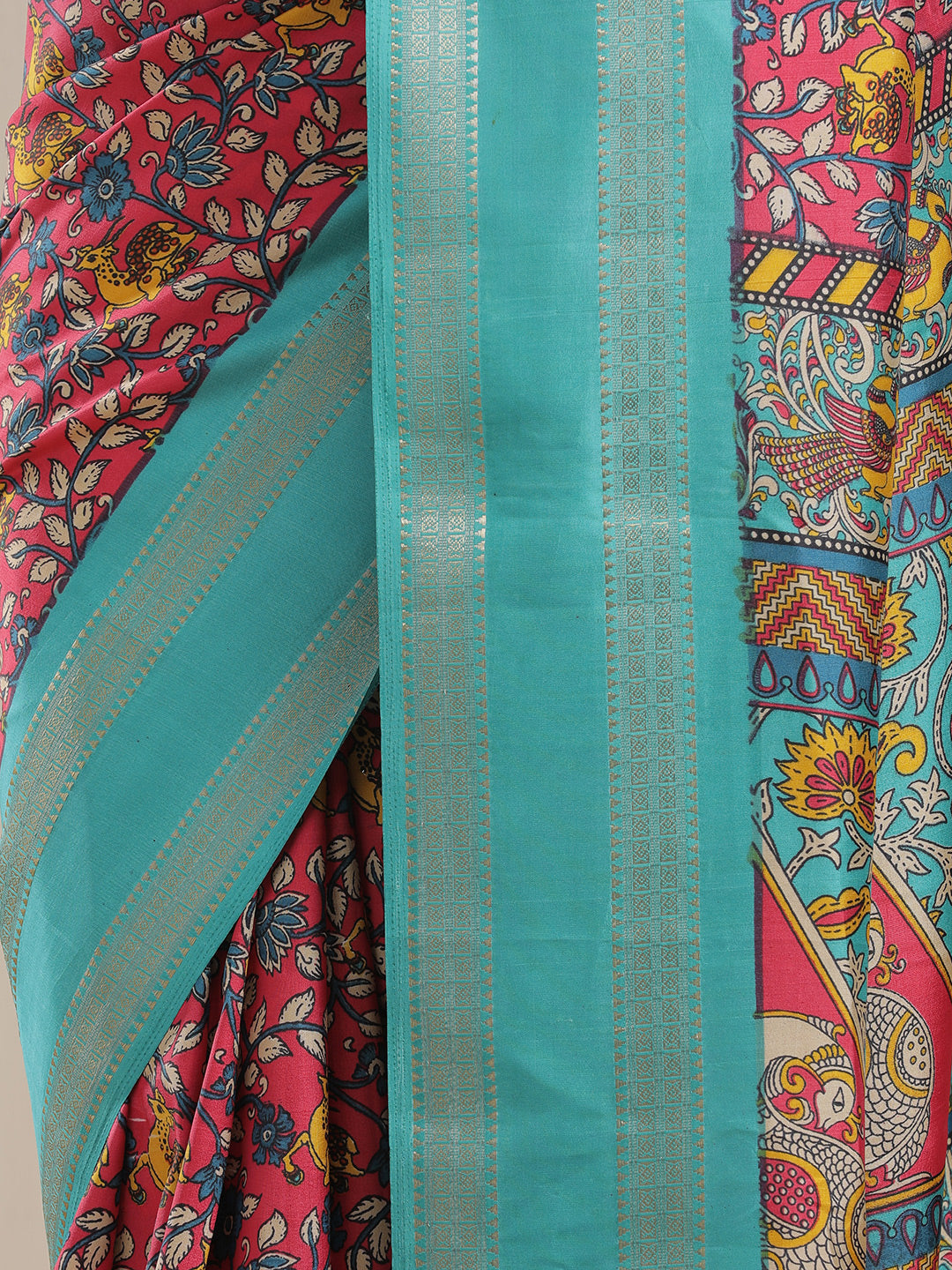 Vervee Couture Teal Red Floral Silk Blend Saree | EKA