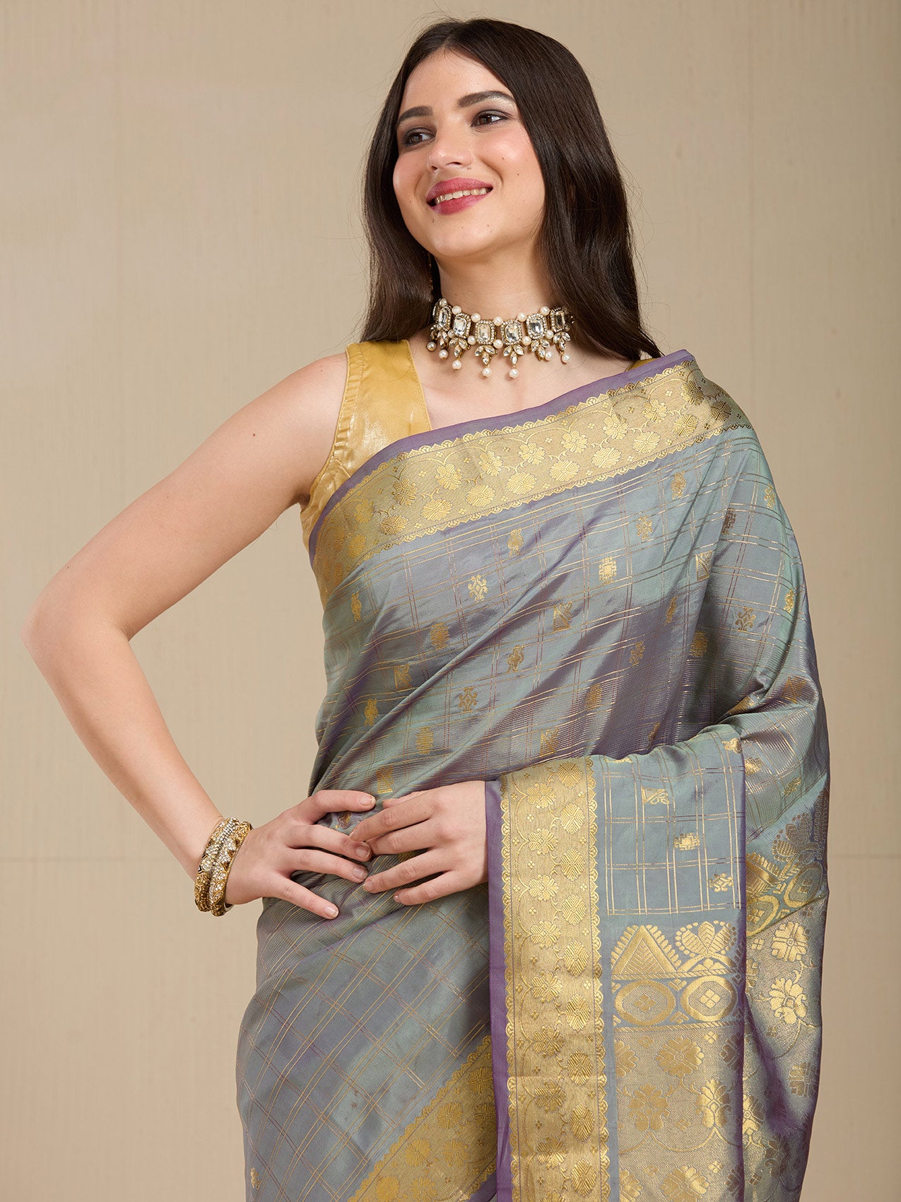 Vervee Couture Grey Silk Blend Saree with Zari Woven Design | EKA