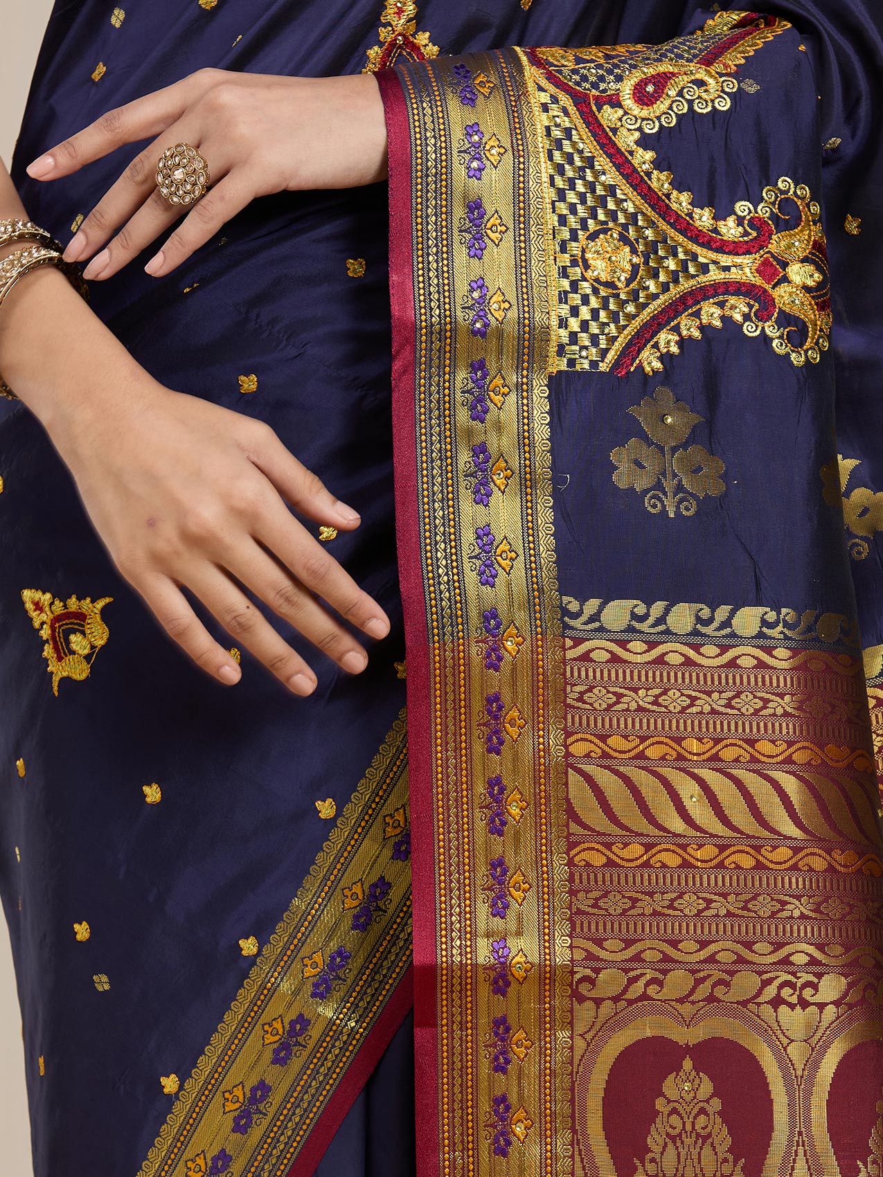 Vervee Couture Navy Blue Gold Woven Silk Blend Saree | EKA