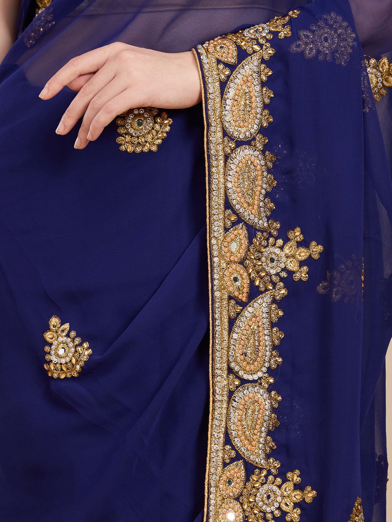 Vervee Couture Blue Poly Georgette Saree with Embroidered Border | EKA