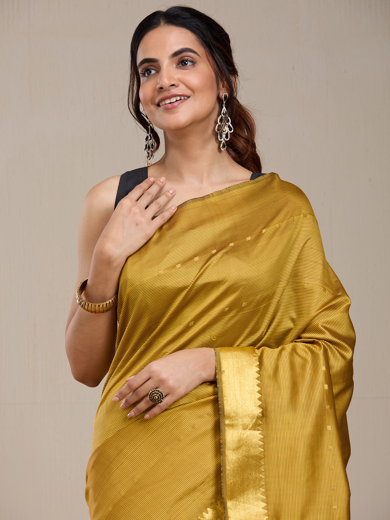Vervee Couture Gold Silk Blend Saree with Subtle Zari Detail | EKA
