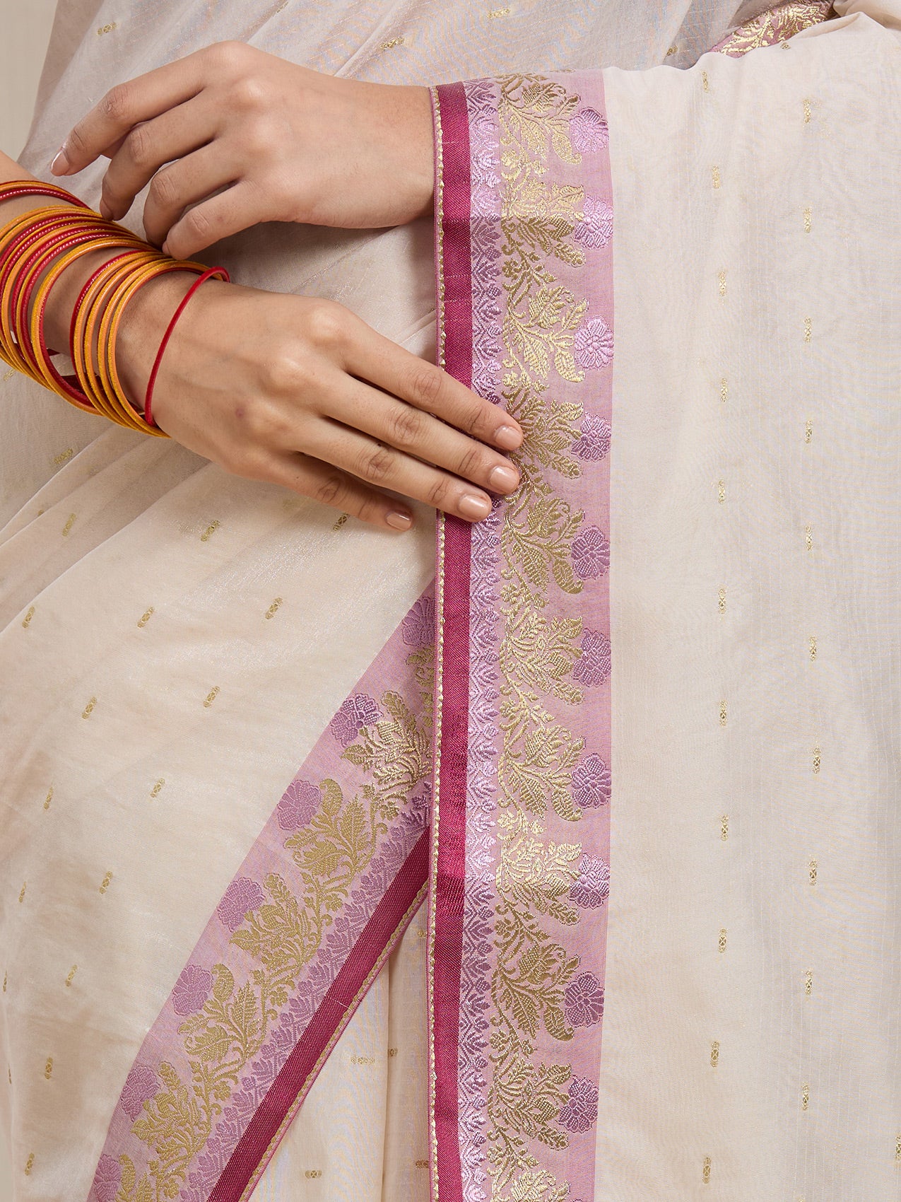 Vervee Couture Cream Pink Woven Silk Blend Saree with Zari Border | EKA