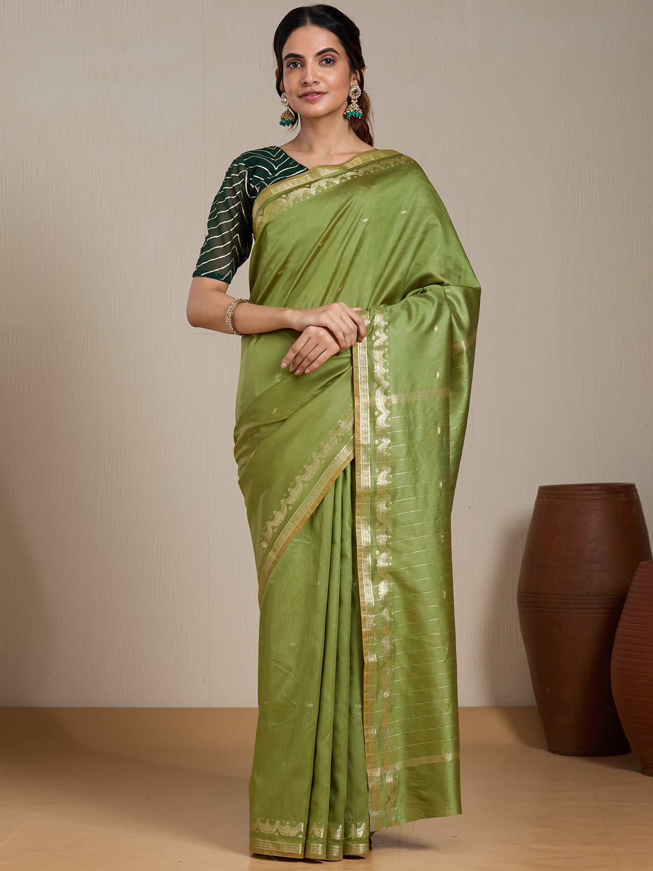 Vervee Couture Olive Green Gold Woven Silk Blend Saree with Semi Stitched Blouse | EKA