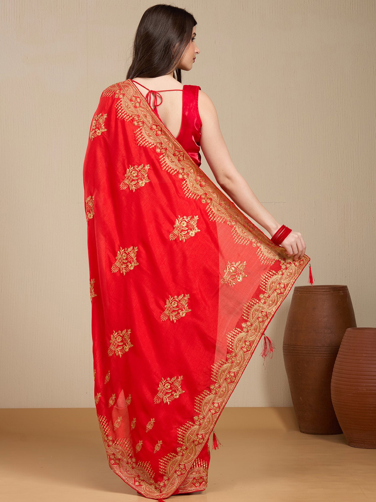 Vervee Couture Red Poly Georgette Saree with Traditional Zari Design | EKA