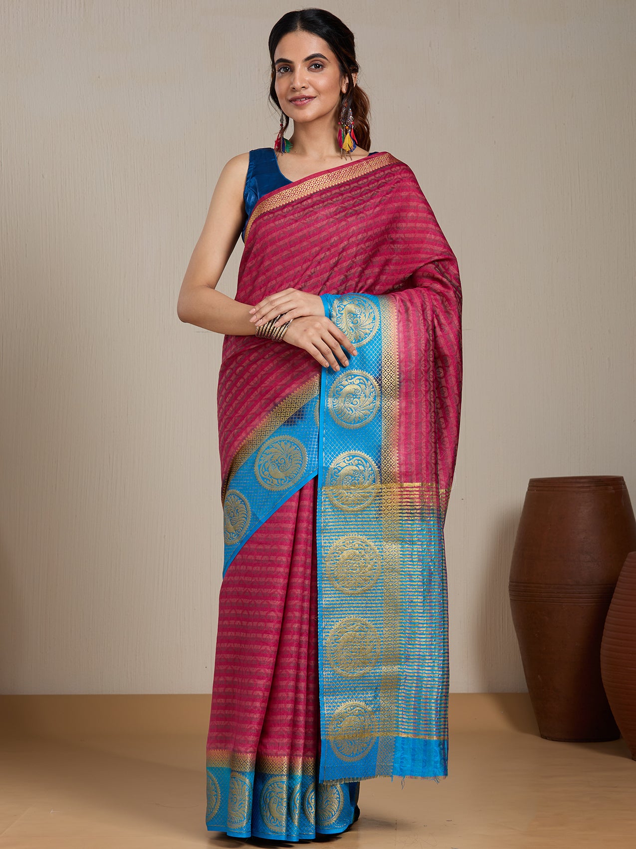 Vervee Couture Pink Turquoise Blue Woven Silk Blend Saree | EKA