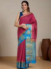Vervee Couture Pink Turquoise Blue Woven Silk Blend Saree | EKA