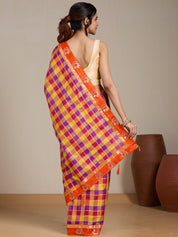 Vervee Couture Yellow Pink Checked Silk Blend Saree with Zari Border | EKA