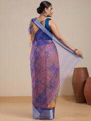 Vervee Couture Orange Blue Floral Silk Blend Saree | EKA