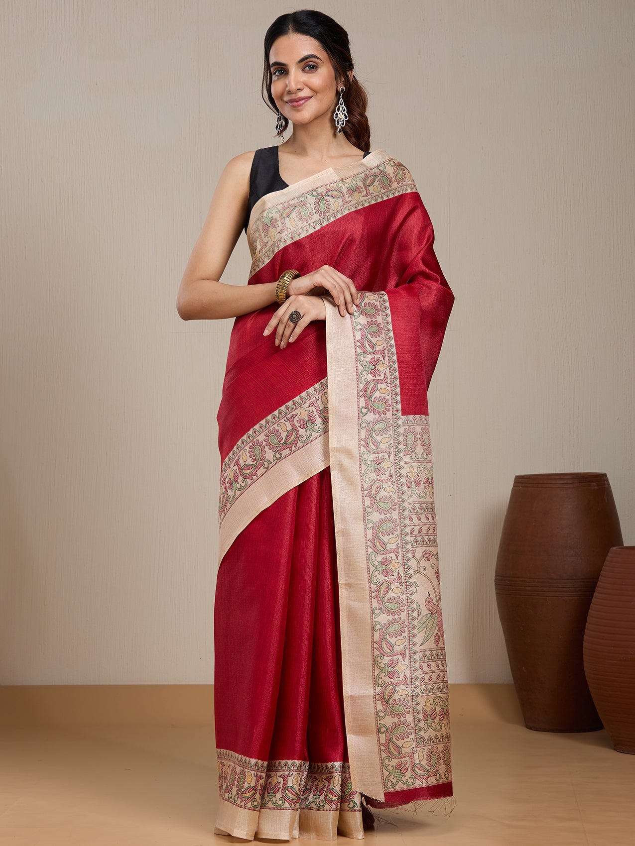 Vervee Couture Red Silk Blend Saree with Ethnic Motif Border | EKA