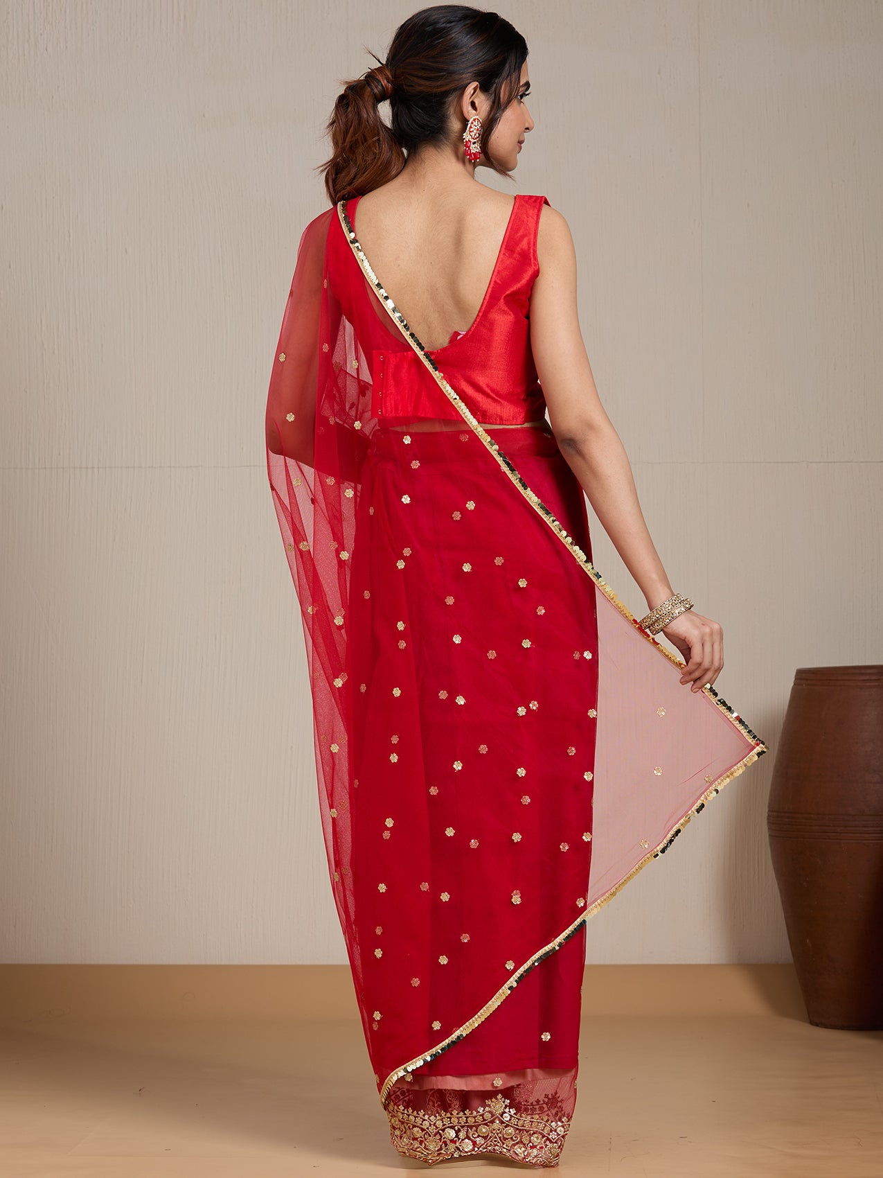 Vervee Couture Red Embellished Pure Net Saree with Sequinned Work | EKA