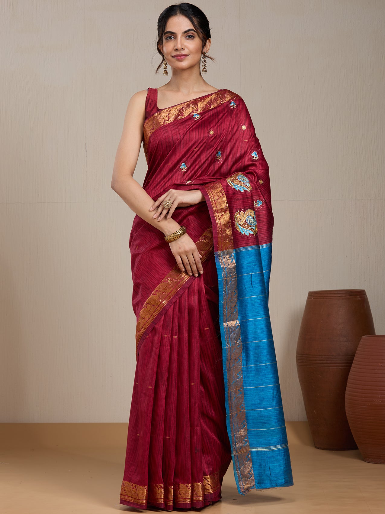 Vervee Couture Magenta Blue Woven Silk Blend Saree with Semi Stitched Blouse | EKA