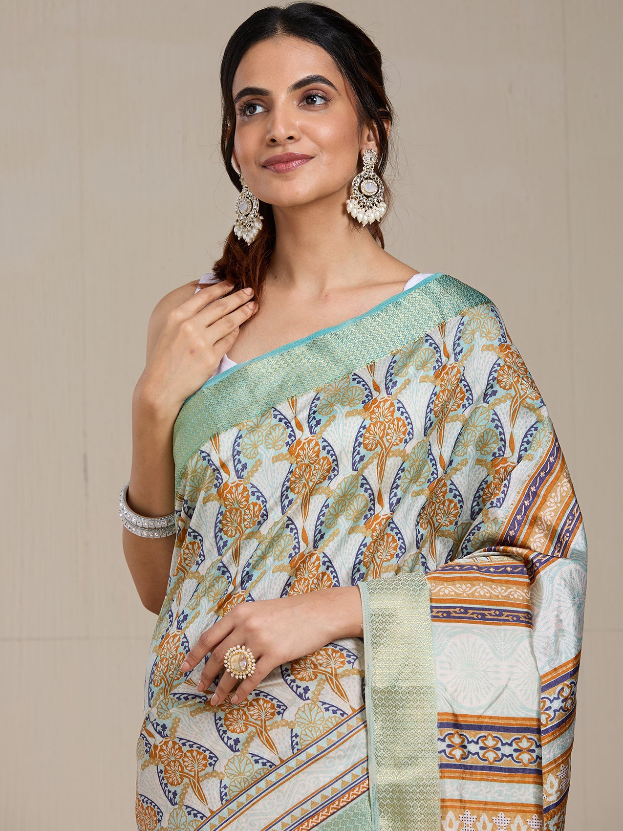 Vervee Couture Cream Green Ethnic Printed Silk Blend Saree with Zari Border | EKA