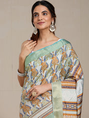 Vervee Couture Cream Green Ethnic Printed Silk Blend Saree with Zari Border | EKA