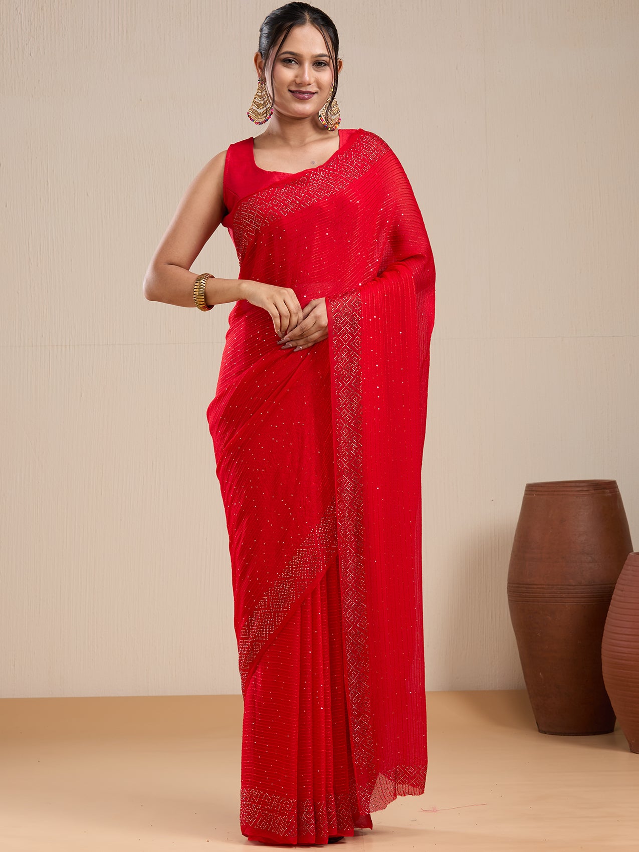 Vervee Couture Red Poly Georgette Saree with Embellished Border and Semi Stitched Blouse | EKA