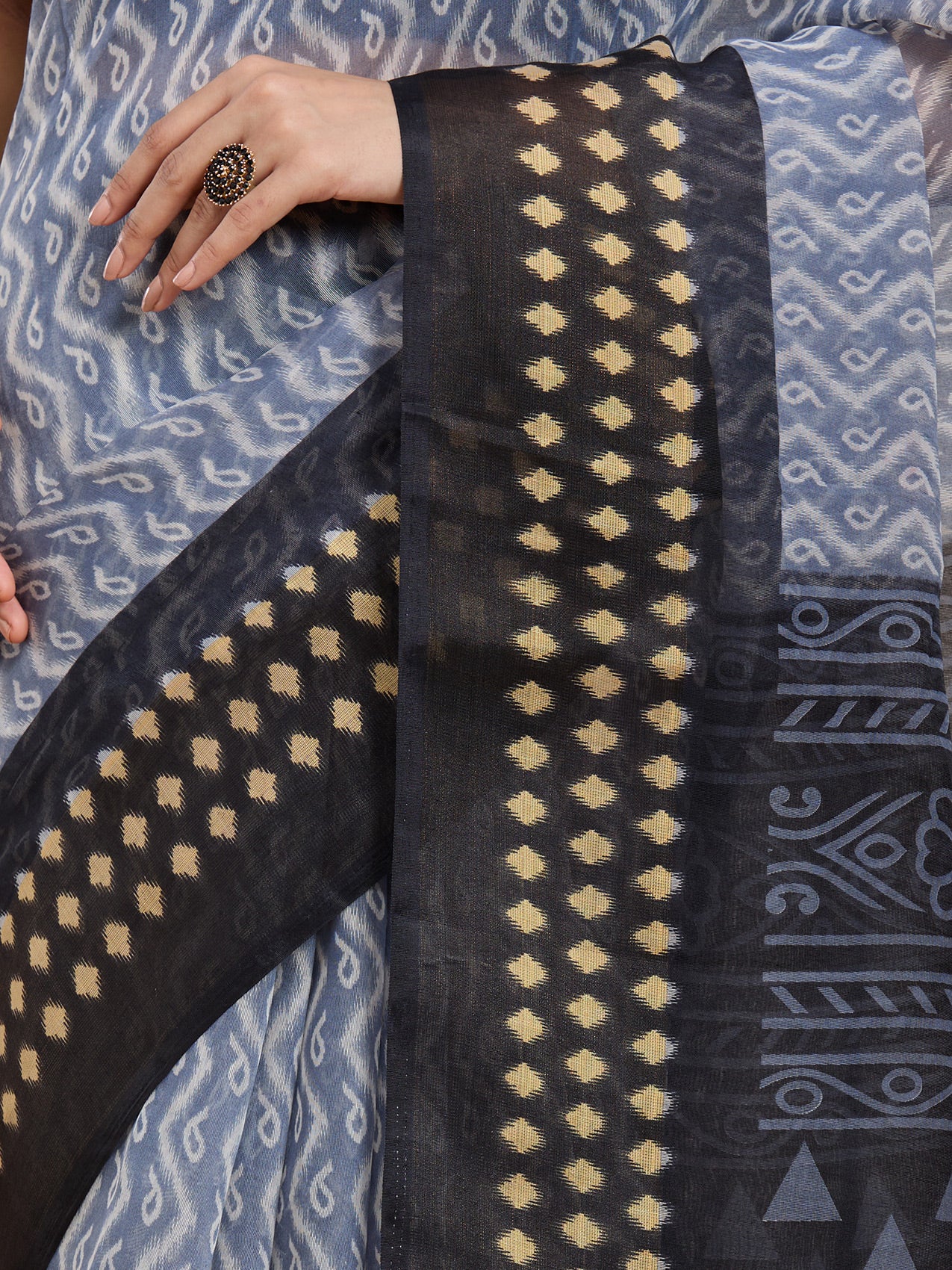 Vervee Couture Grey Black Printed Silk Blend Saree | EKA