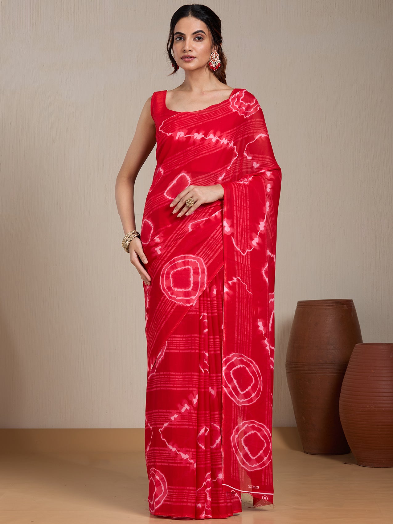 Vervee Couture Red White Shibori Poly Georgette Saree | EKA