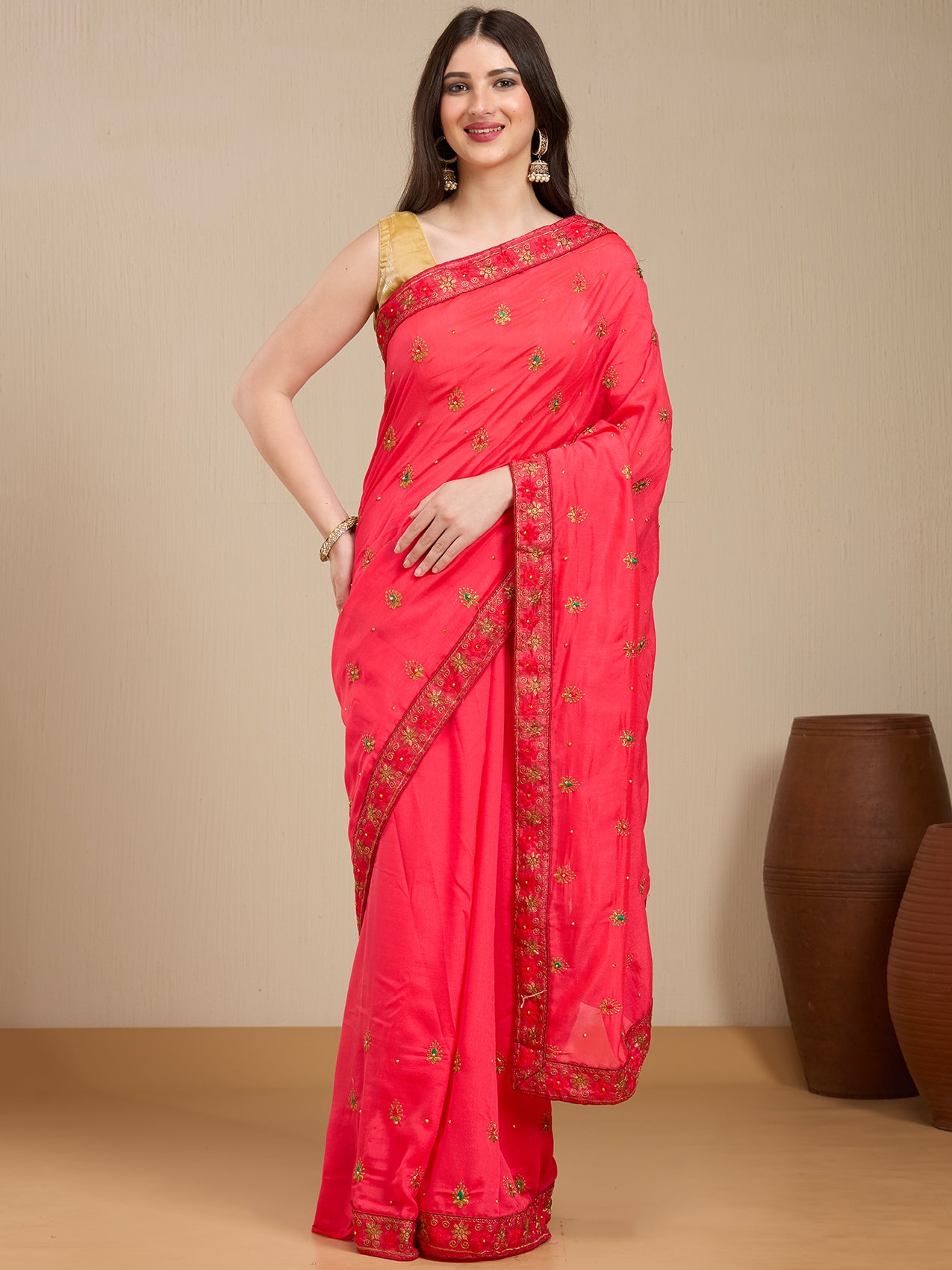 Vervee Couture Pink Poly Georgette Saree with Embellished Border | EKA