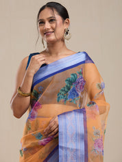 Vervee Couture Orange Blue Floral Silk Blend Saree | EKA