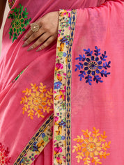 Vervee Couture Pink Floral Silk Blend Saree with Contrast Border and Semi Stitched Blouse | EKA