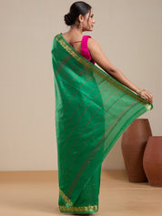Vervee Couture Green Silk Blend Saree with Zari Border and Semi Stitched Blouse | EKA