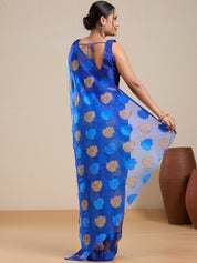 Vervee Couture Blue Poly Georgette Saree with Woven Motifs and Semi Stitched Blouse | EKA