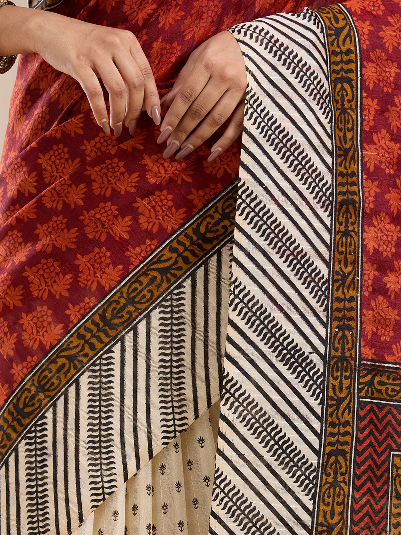Vervee Couture Maroon Silk Blend Saree with Zari Border and Semi Stitched Blouse | EKA