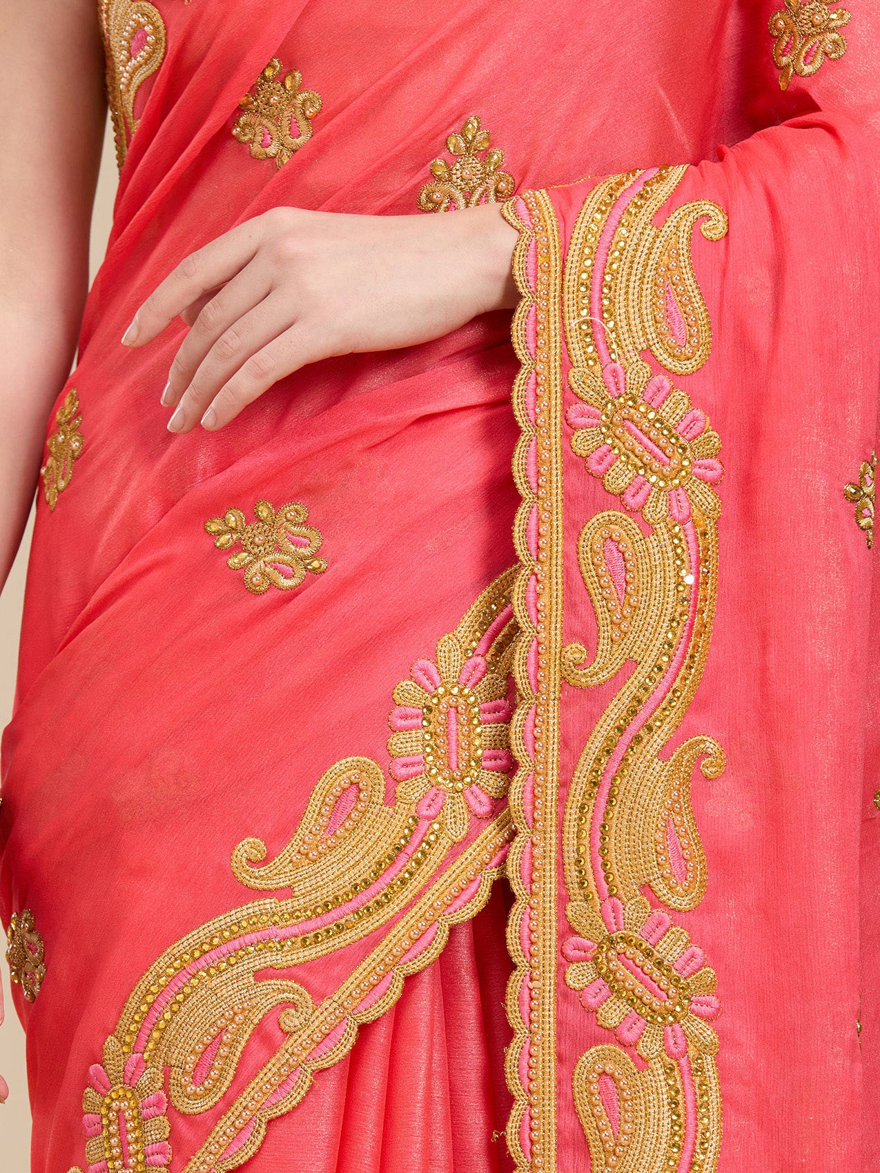 Vervee Couture Peach Poly Georgette Saree with Embellished Border | EKA