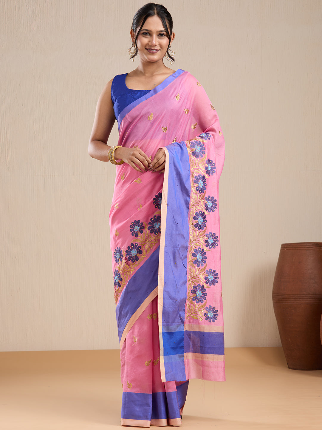 Vervee Couture Pink Silk Blend Saree with Semi Stitched Blouse | EKA