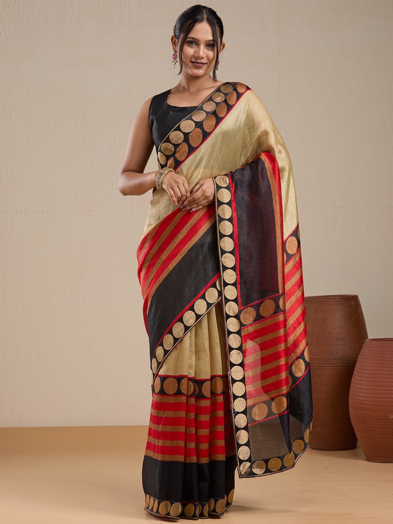 Vervee Couture Beige Silk Blend Saree with Contrast Border and Semi Stitched Blouse | EKA