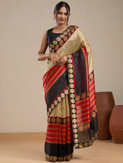 Vervee Couture Beige Silk Blend Saree with Contrast Border and Semi Stitched Blouse | EKA