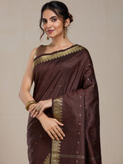 Vervee Couture Dark Maroon Gold Printed Silk Blend Saree with Semi Stitched Blouse | EKA