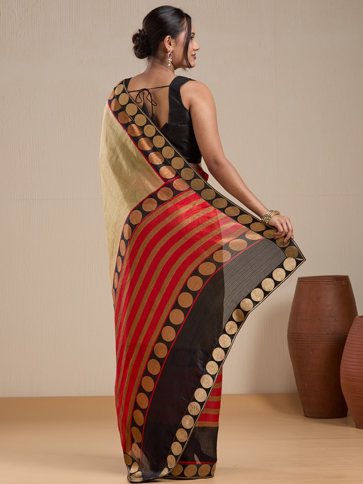 Vervee Couture Beige Silk Blend Saree with Contrast Border and Semi Stitched Blouse | EKA