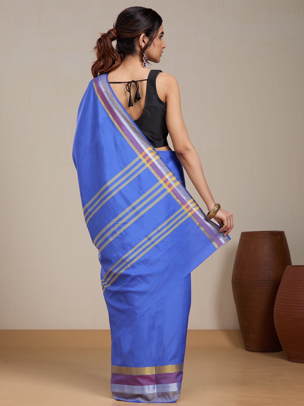 Vervee Couture Blue Silk Blend Saree with Striped Border | EKA