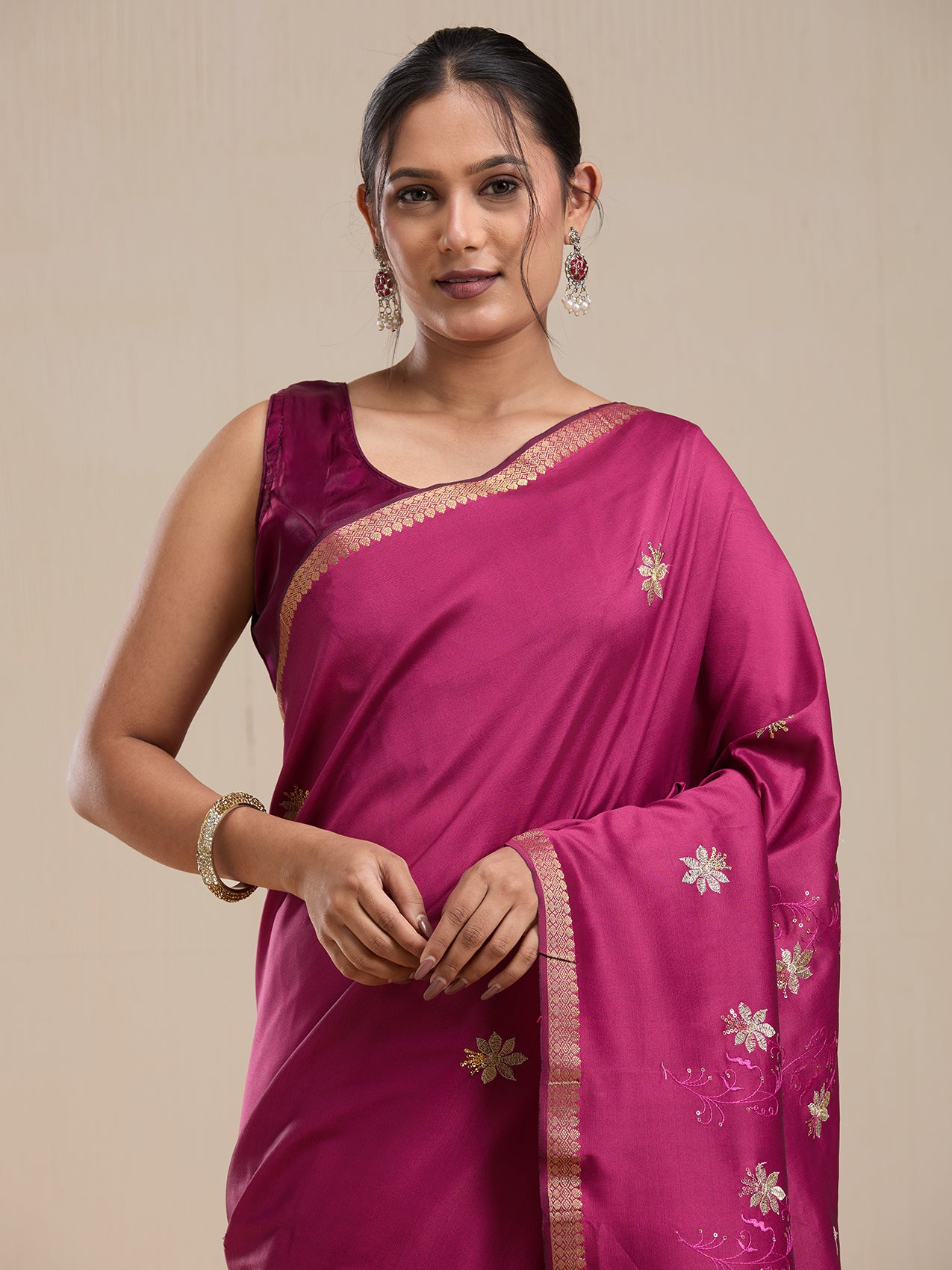 Vervee Couture Pink Silk Blend Saree with Zari Work and Semi Stitched Blouse | EKA