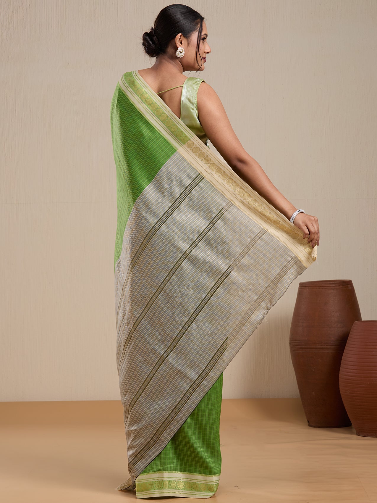 Vervee Couture Green Silk Blend Saree with Zari Border and Semi Stitched Blouse | EKA