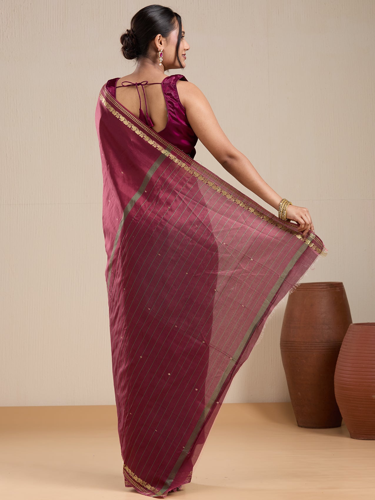 Vervee Couture Maroon Silk Blend Saree with Zari Border and Semi Stitched Blouse | EKA