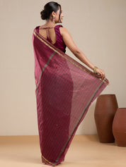 Vervee Couture Maroon Silk Blend Saree with Zari Border and Semi Stitched Blouse | EKA