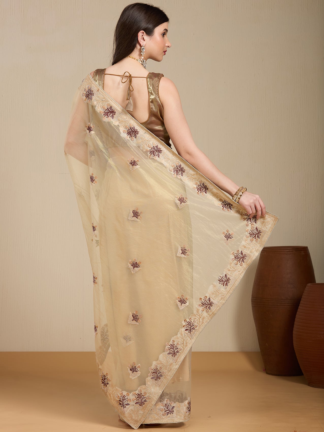 Vervee Couture Beige Silk Blend Saree with Zari Embroidered Motifs | EKA