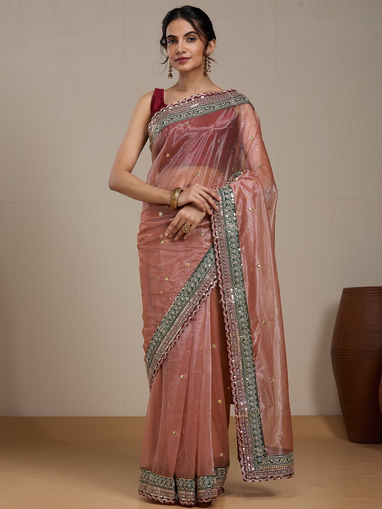 Vervee Couture Onion Pink Poly Georgette Embellished Saree | EKA
