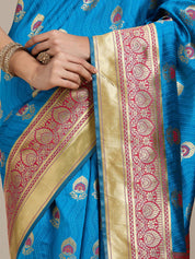 Vervee Couture Blue Woven Silk Blend Saree with Zari Border | EKA