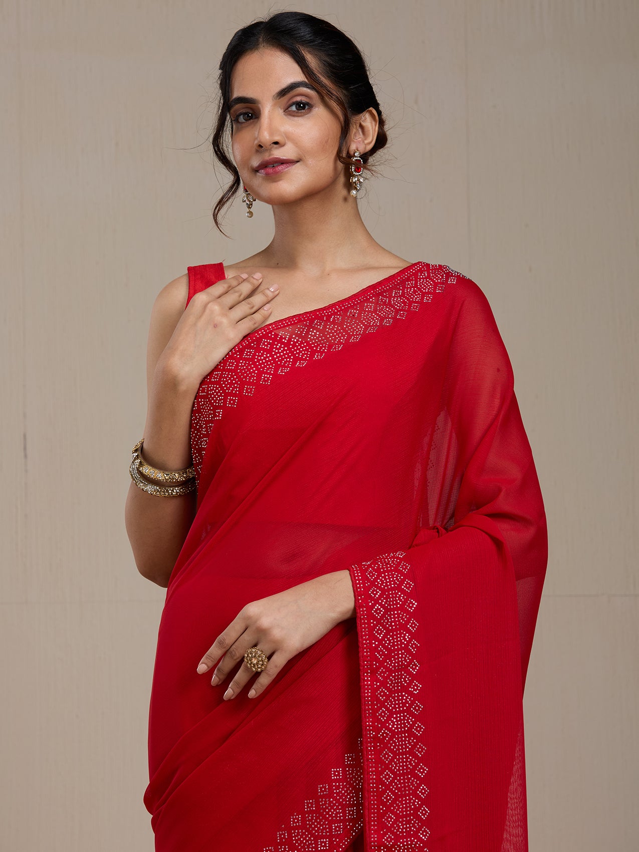 Vervee Couture Red Poly Georgette Embellished Saree | EKA