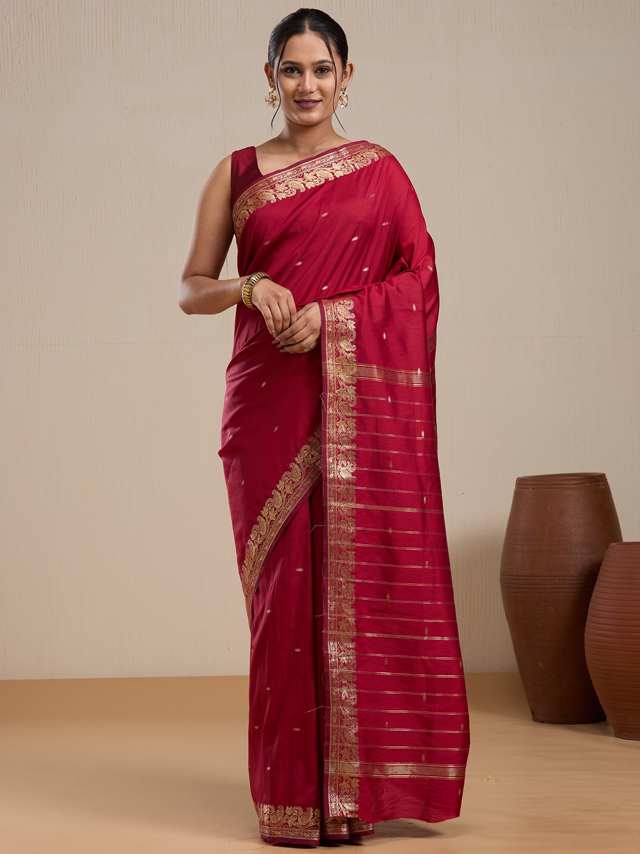 Vervee Couture Red Woven Silk Blend Saree with Semi Stitched Blouse | EKA