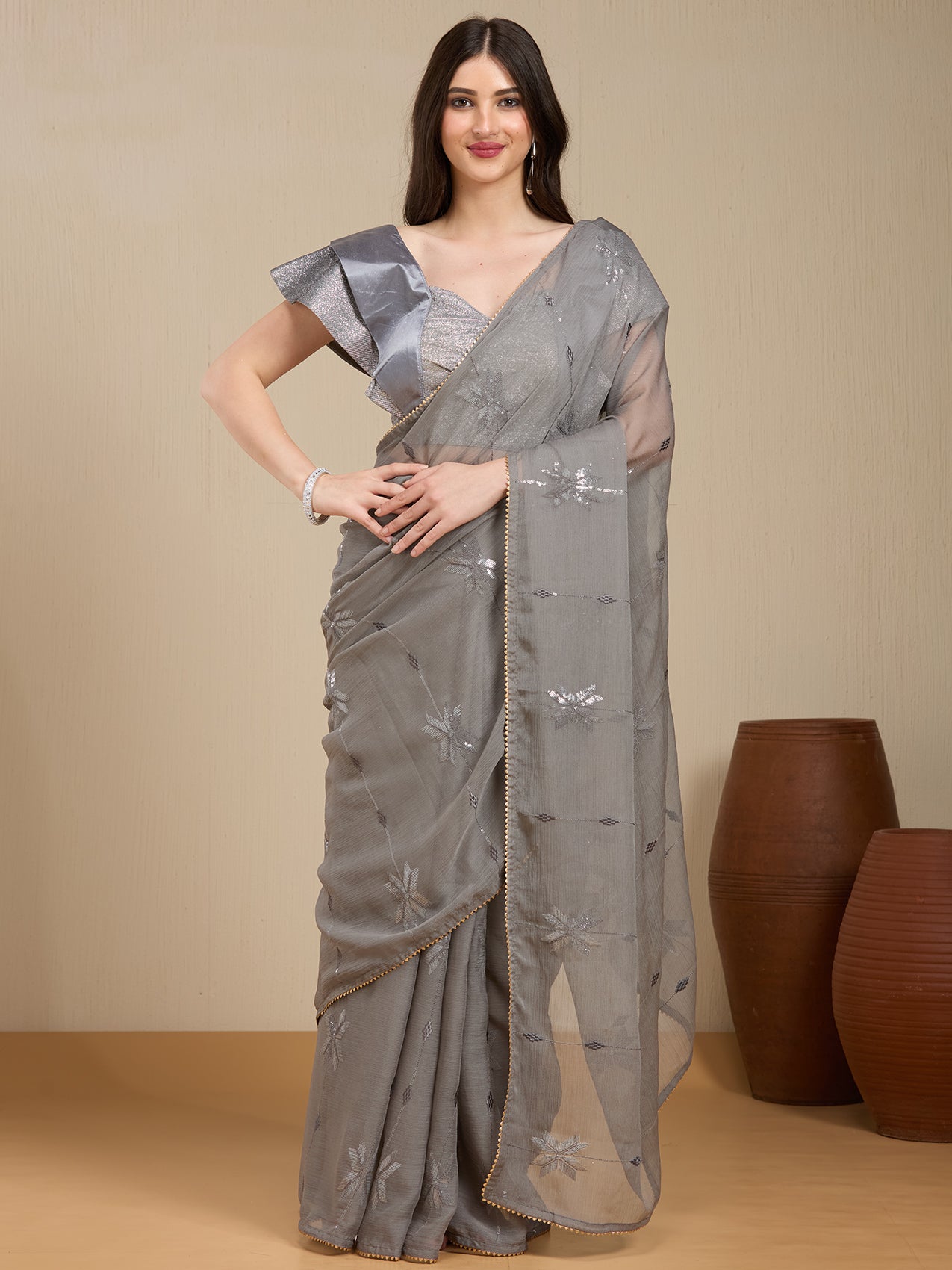 Vervee Couture Red Poly Georgette Saree with Zari Motifs Border | EKA