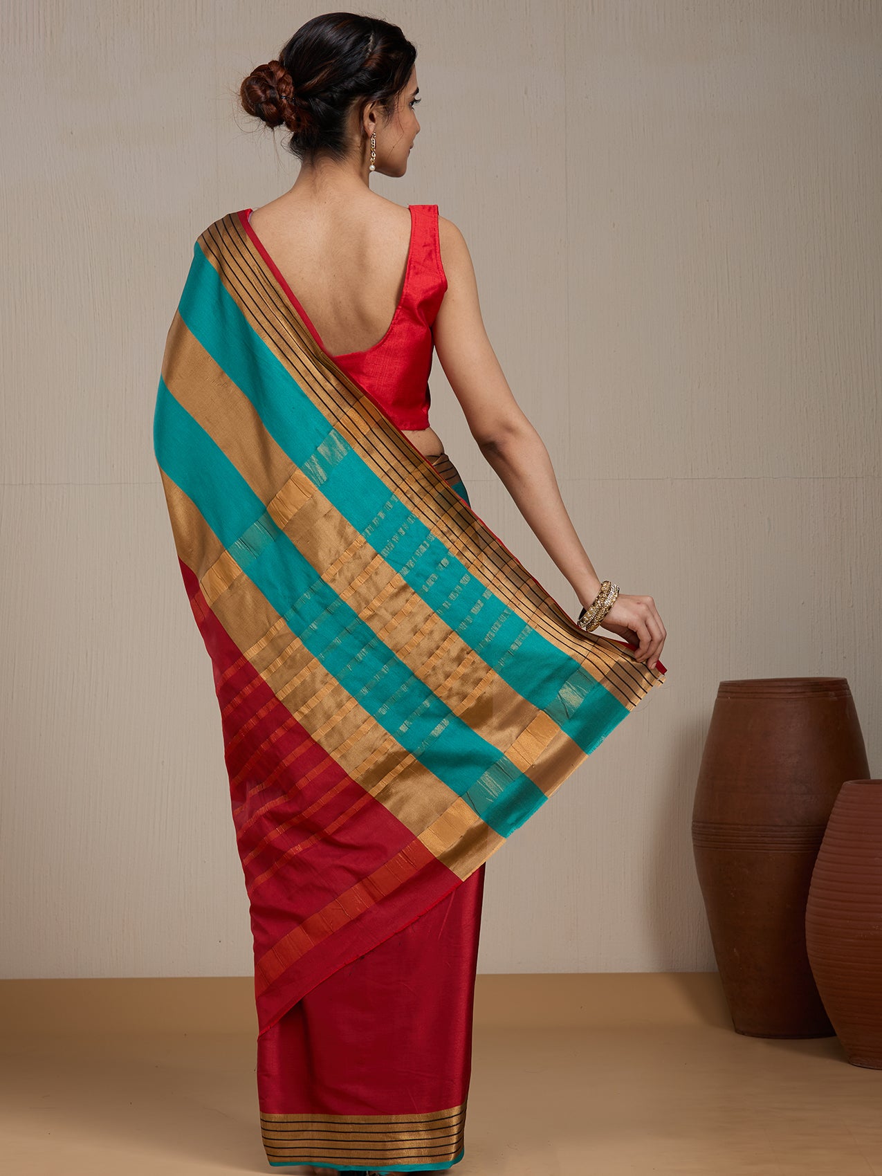 Vervee Couture Red Striped Silk Blend Saree with Zari Border and Semi Stitched Blouse | EKA