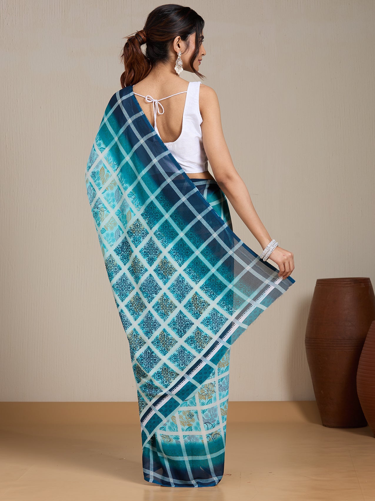Vervee Couture Blue Green Checked Poly Georgette Saree | EKA