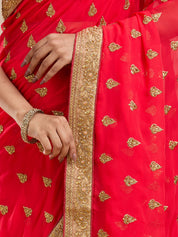 Vervee Couture Red Poly Georgette Saree with Woven Butti Border | EKA