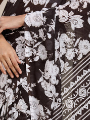 Vervee Couture Dark Brown White Floral Poly Georgette Saree | EKA